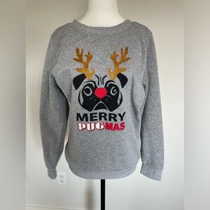 Merry Pugmas Grey Christmas Holiday Sweater - Size Medium